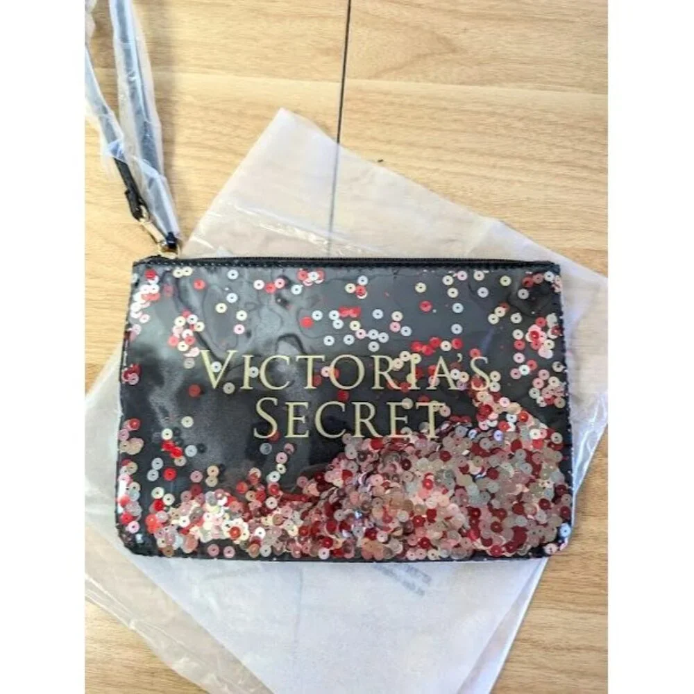 2 Set‎ Victoria's Secret Make Up & Tote Bag Log Stripe Sequin Glam Weekender NEW